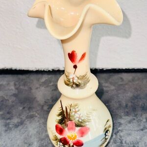Antique Hand Painted Gorgeous Floral Scene Bristol Glass Ruffle Top Vase